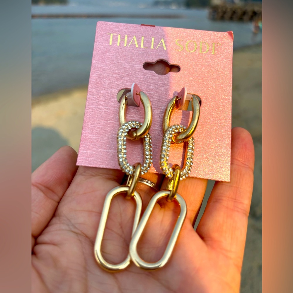 Thalia Sodi Gold-Tone Paperclip Chain Earrings w/ Rhinestone Pavé • Glam 3” Drop